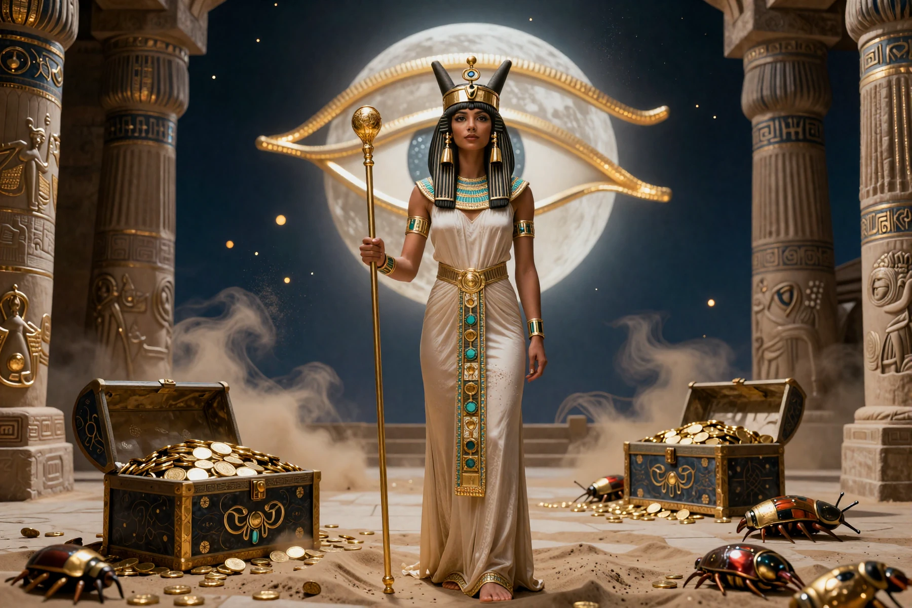 Cleopatra als &auml;gyptische K&ouml;nigin mit goldenem Zepter und Goldschatz f&uuml;r den Cleobetra Willkommensbonus