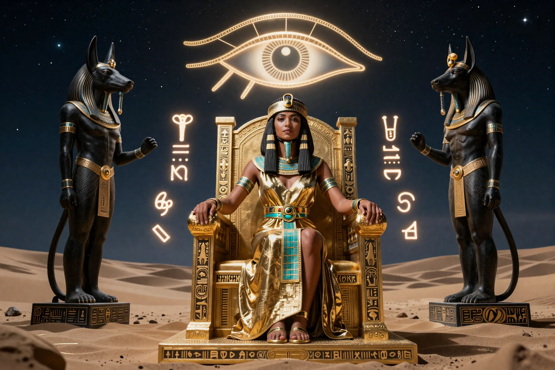 Cleopatra auf goldenem Thron mit Anubis-Statuen und schwebenden Hieroglyphen-Spielsymbolen im Cleobetra Casino