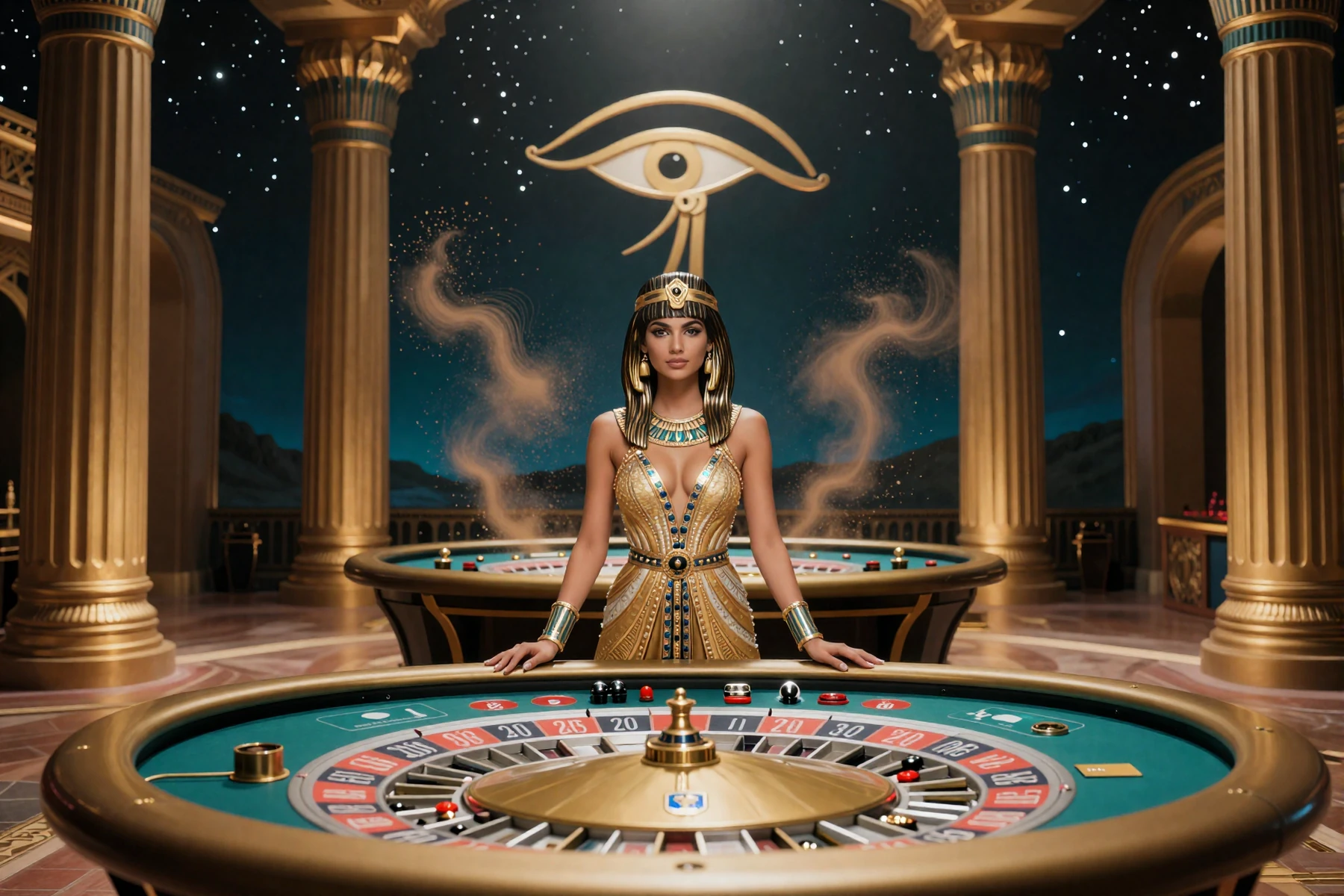 Cleopatra als Croupierin am goldenen Roulette-Tisch im &auml;gyptischen Live Casino Studio von Cleobetra