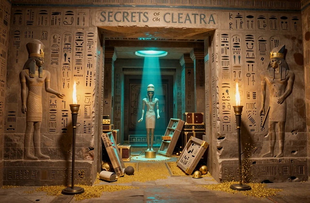 Secrets of Cleopatra Slot zeigt eine Hieroglyphenwand mit geheimer Schatzkammer