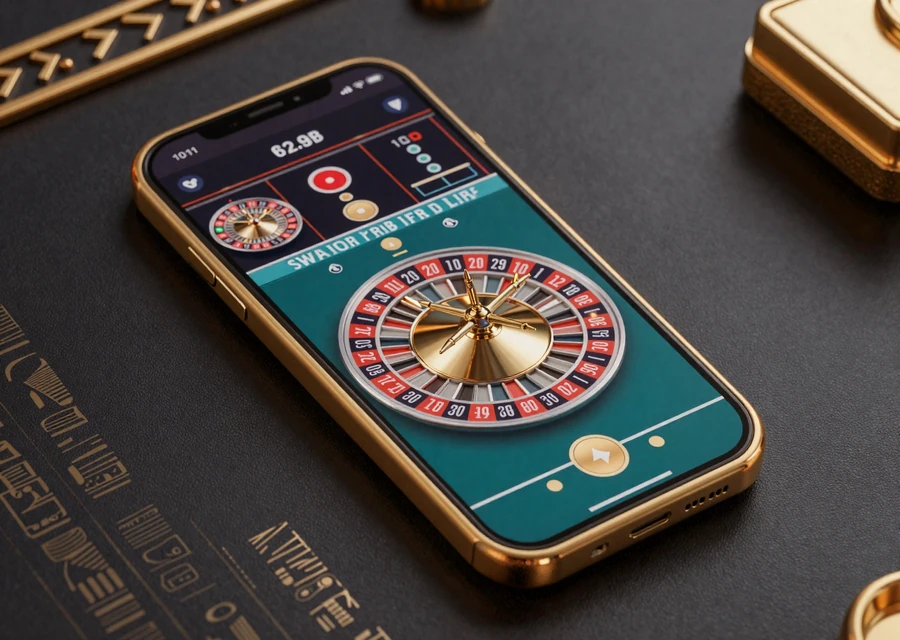 Smartphone mit goldenem Rahmen zeigt Live-Roulette-Stream im Cleobetra Live Casino